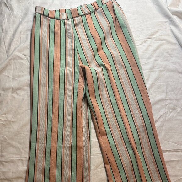 American Vintage Pink and Green Polyester Pull-On Bell Bottom Pants, 28 Waist - Picture 1 of 6